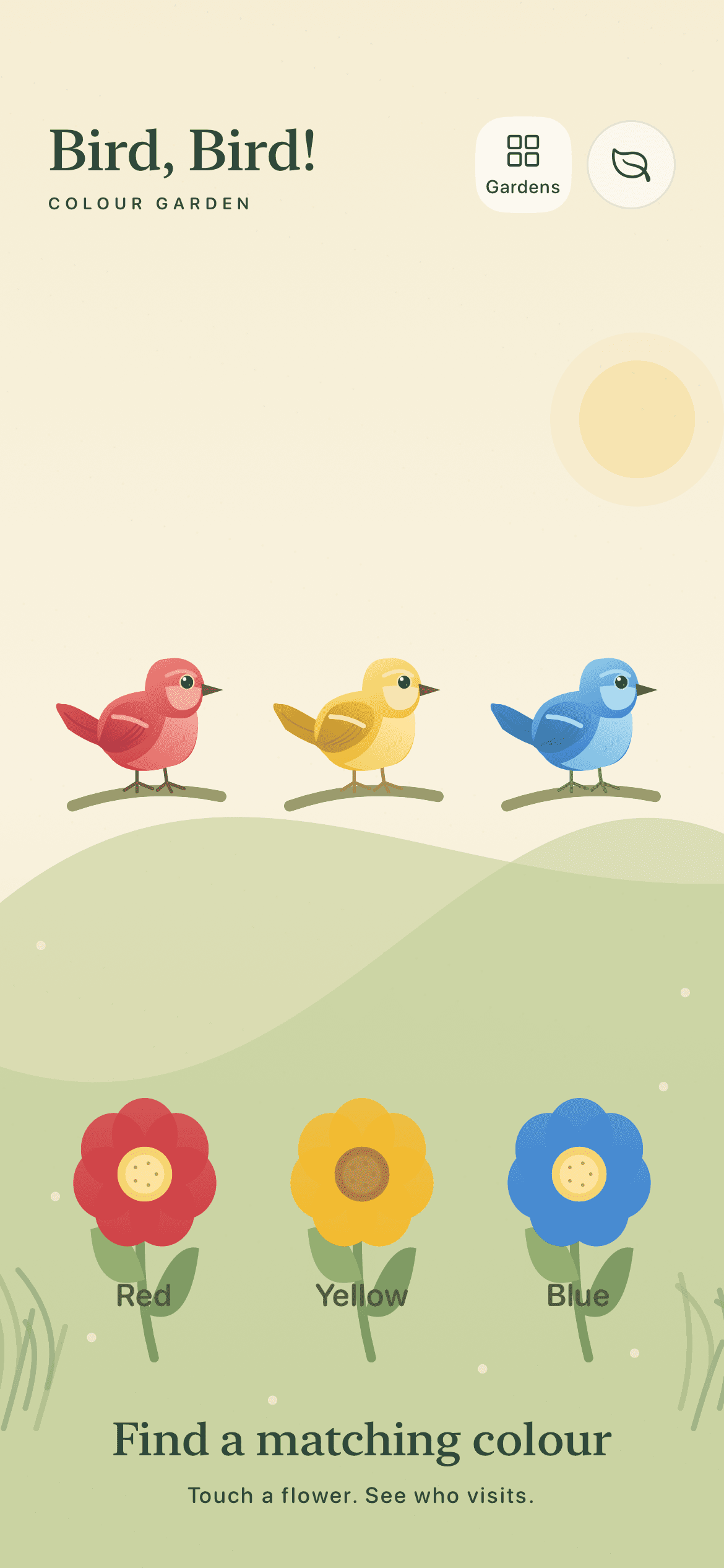 Colour garden with red, yellow and blue flowers for matching birds