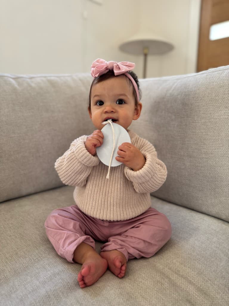 Millie sitting on the couch with a pink bow